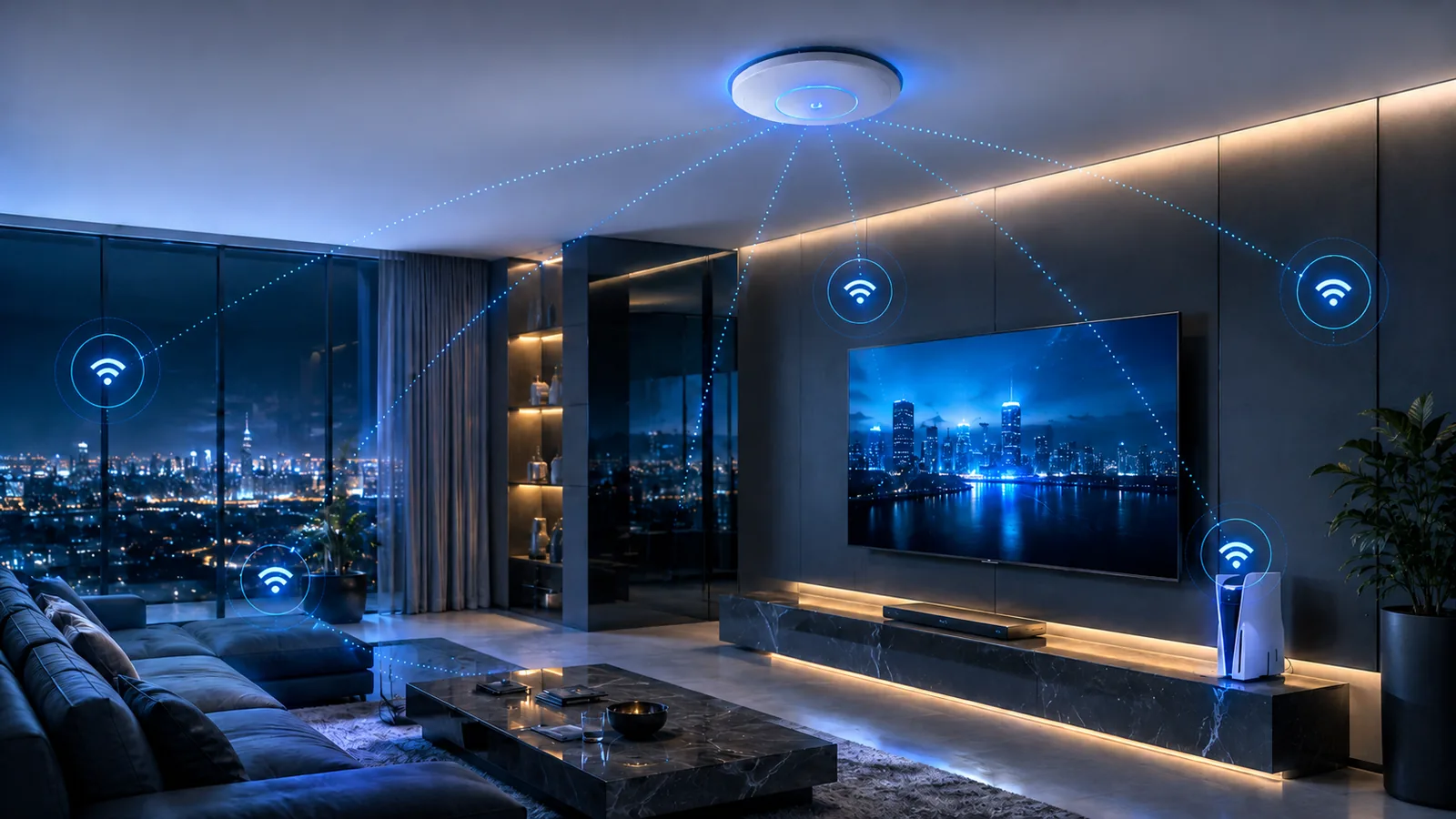 Living room with ceiling access point and full-home Wi-Fi coverage
